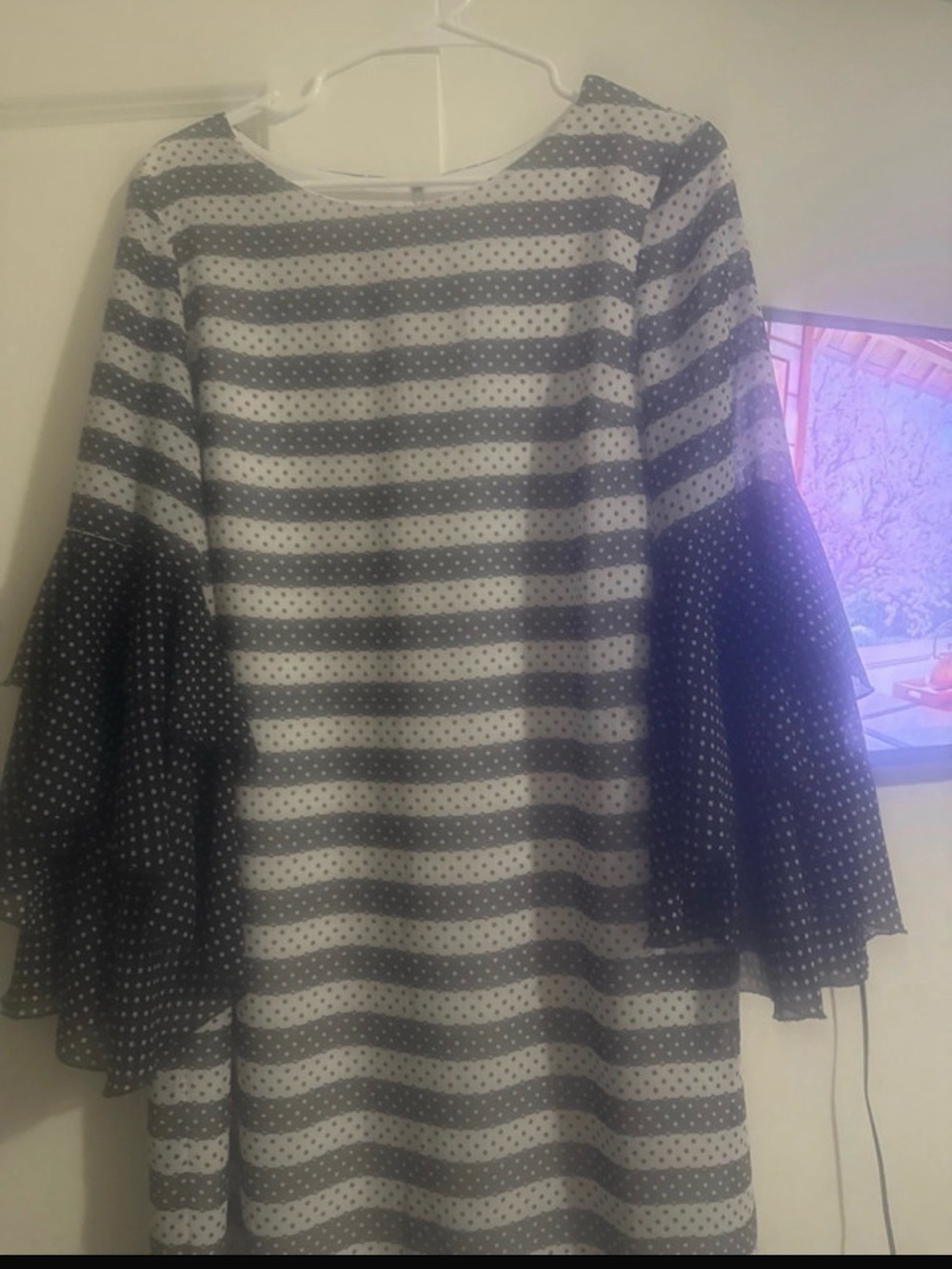 Women’s Black and White Striped Dress with Polka Dot Bell Sleeves